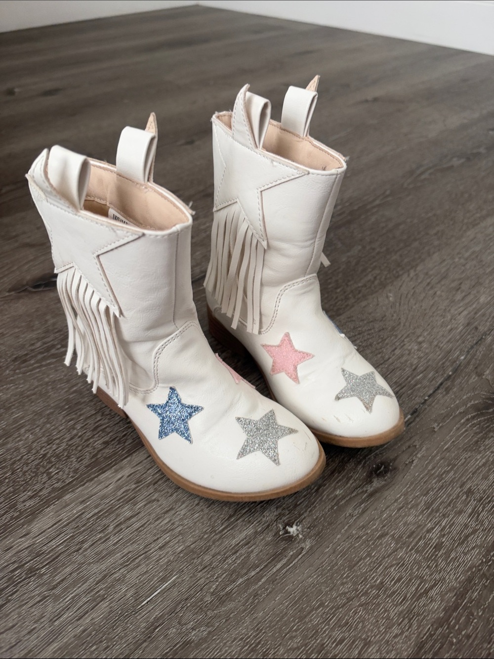Dream Pairs White Fringe Cowboy Boots with Pink, Blue, Silver Stars size 10